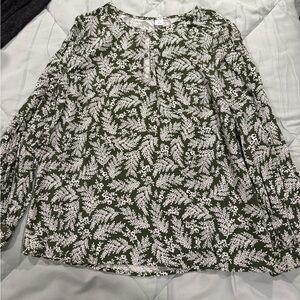 Old Navy Olive Green and White Floral Long-Sleeve Blouse